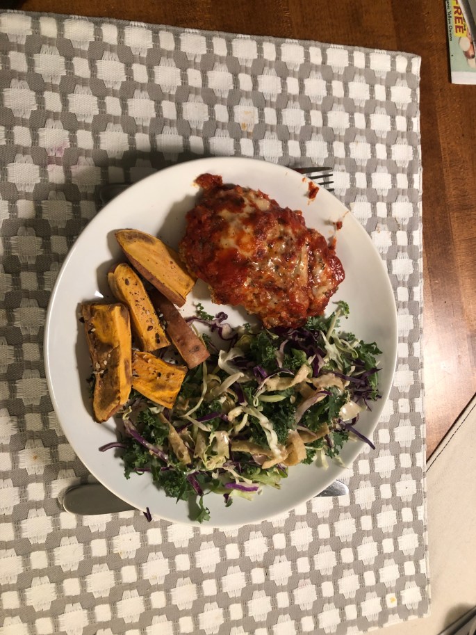 TJ's chicken parm with kale salad