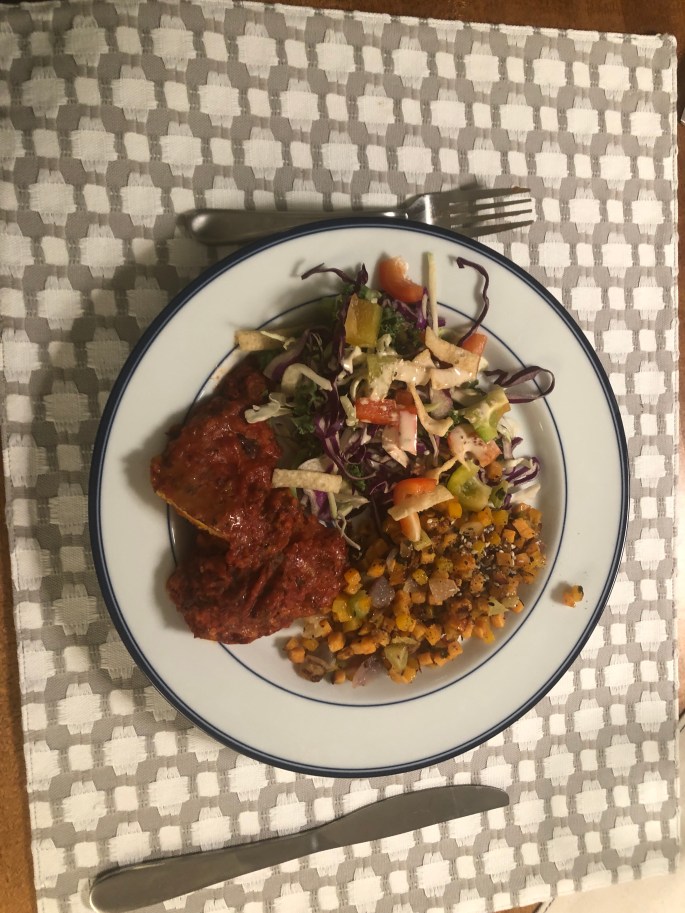 TJ's chicken parm with kale salad and holiday hash