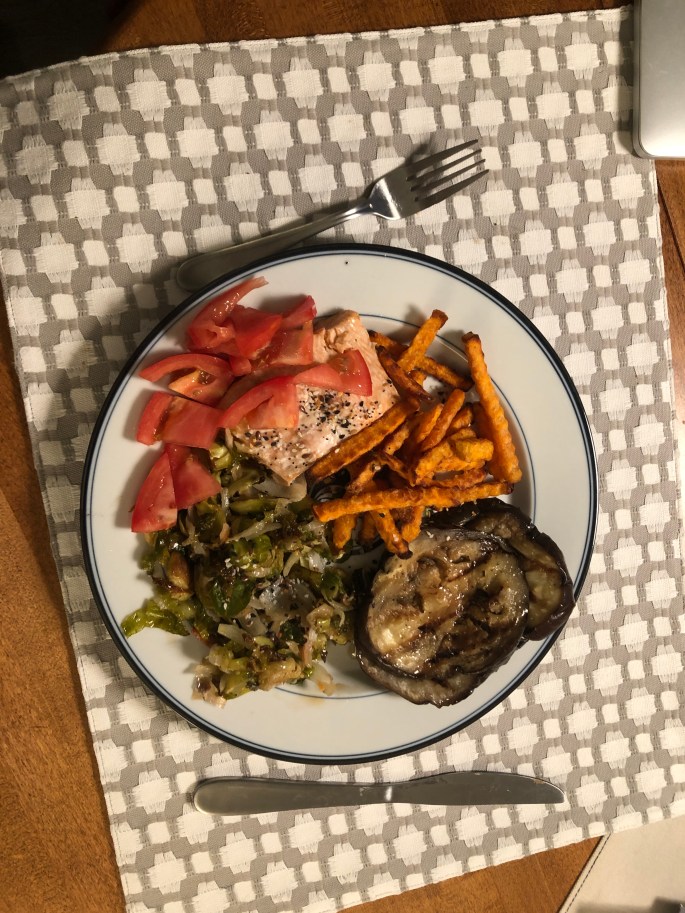 Salmon with baked sweet potato fries