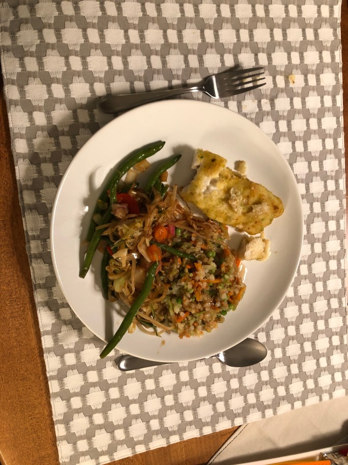 Stir-fry with ready to bake cod and riced cauliflower