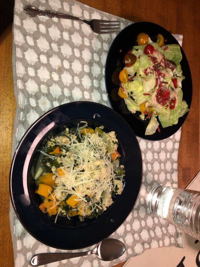 Turkey soup with frozen spinach and pre-chopped squash